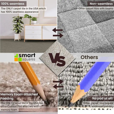 Comparison of Premium Plush Carpet Tiles with Built-In Padding Peel and Stick 18x18 Floor Squares with traditional tiles.