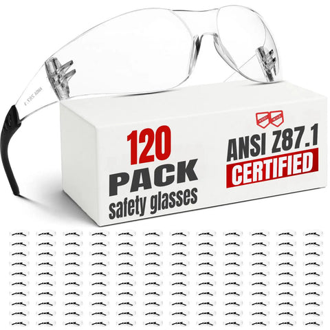 120 Pack Clear Safety Glasses With ANSI Z87.1 Rating box with clear safety glasses on top