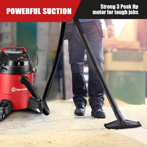 Workhorse Portable Wet Dry Vacuum For Home And Shop, 6 Gallon Tank, 3 Peak HP Motor with person vacuuming sawdust.