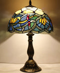 Tiffany Style Stained Glass Table Lamp Blue Lotus Aesthetic Bedside Light For Desk And Reading, 12x12x18 Inches Decor