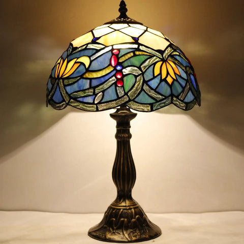Tiffany Style Stained Glass Table Lamp Blue Lotus Aesthetic Bedside Light For Desk And Reading, 12x12x18 Inches Decor