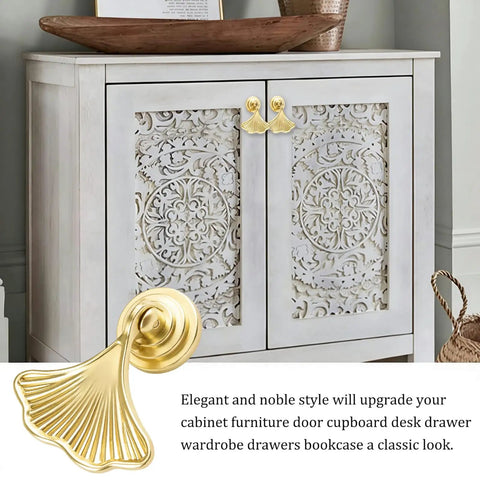 Top Shelf Knockout Slick Light Cyan Gold Ginkgo Leaf Cabinet Knobs Six Pack Vintage Drawer Pulls Premium Zinc Alloy Furniture Hardware With Screws For Dressers And Cupboards on a wooden cabinet.