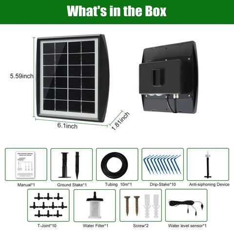 Contents of Automatic Drip Irrigation Kit For Pots And Plants With Sun Powered Operation, Easy DIY Watering System.