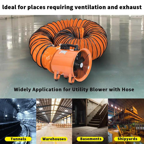 12 Inch High Velocity Blower Fan With 550W Motor And 16Ft Duct Hose for ventilation and exhaust in industrial settings