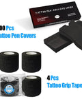 Front view of MIUXIA tattoo pen covers and grip wrap set, black; 200 covers and 4 grip tapes