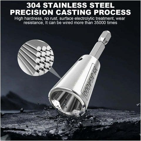 Close-up of Pro Grade Drill Wire Twister Tool With 6MM Hex Shank, stainless steel, showing wire strands and internal design.