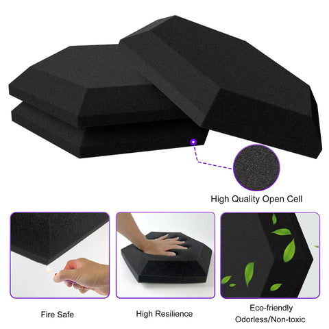Dense Sound Absorbing Hexagon Foam Panels Pack Of 24 Thick Acoustic Wall Tiles showing black hexagon panels with a hand pressed on one.