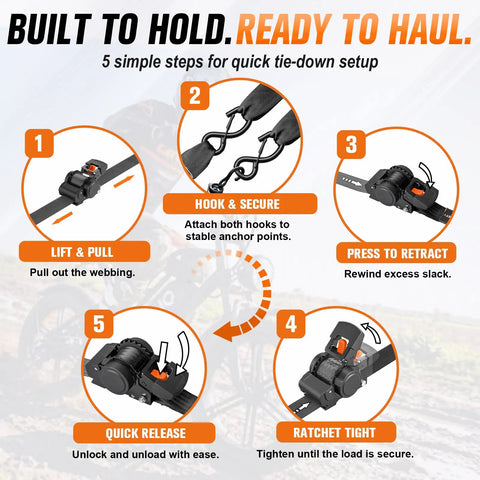 5-step guide for using Retractable Ratchet Tie Down Straps Offer Extra Wide Two Inch Webbing With Quick Handle Rewind.