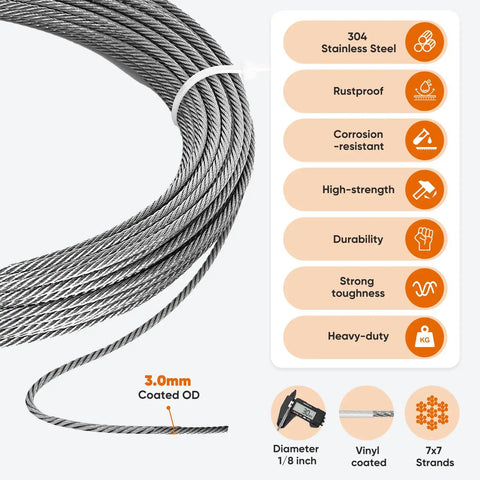 164 Foot 1/8 Inch Stainless Steel Cable Kit With Crimping Tool And Cable Cutter, Turnbuckle Tensioner, 7x7 Aircraft Cable For Deck Railing. Close-up of cable bundle.