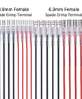 Close-up of 20Pcs 4.8mm and 6.3mm female spade crimp terminals with tin plated red copper insulating sleeves in red and black wires