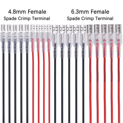 Close-up of 20Pcs 4.8mm and 6.3mm female spade crimp terminals with tin plated red copper insulating sleeves in red and black wires