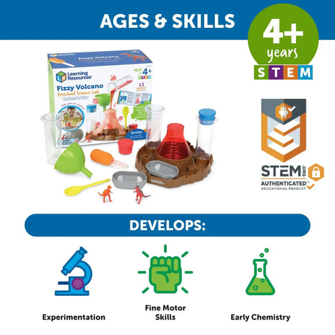 Fizzy Volcano Science Kit For Kids 13 Piece Set With Realistic Eruption Experiments And Colorful Lab Guide displayed with tools