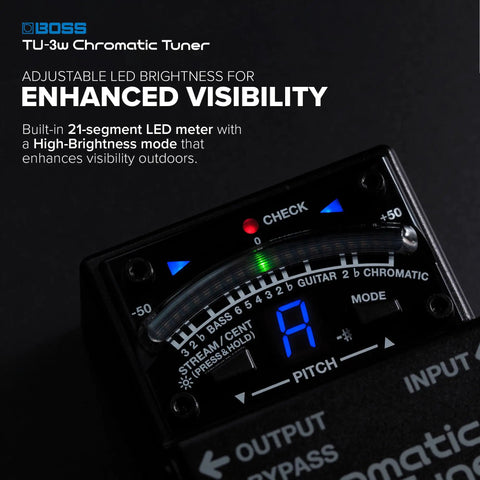 Close-up of Waza Craft Compact Chromatic Tuner For Guitar And Bass showing 21 segment blue LED meter with accu pitch sign.