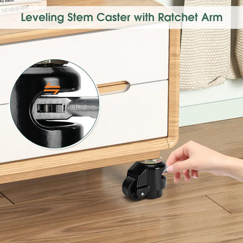 Heavy Duty Swivel Caster Wheels Set Of Four Retractable Thread Stem Castors With Leveling Arms For Workbenches Machinery And Furniture Heavy Load No Sweat Smooth Glide, close-up of leveling arm adjustment.