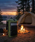 Waterproof Roll-Top Backpack With Padded Straps 35L Daypack For Hiking And Camping next to campfire and tent at sunset