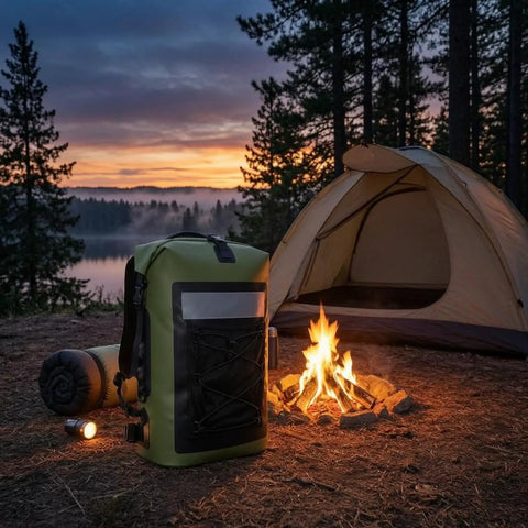 Waterproof Roll-Top Backpack With Padded Straps 35L Daypack For Hiking And Camping next to campfire and tent at sunset