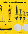Heavy Duty Steam And Scrub Mop For Hardwood And Vinyl Floors Carries A Massive Xl Water Tank Includes accessories like mop, brushes, and pads.