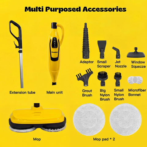 Heavy Duty Steam And Scrub Mop For Hardwood And Vinyl Floors Carries A Massive Xl Water Tank Includes accessories like mop, brushes, and pads.