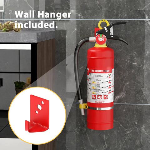 ABC Dry Chemical Fire Extinguisher 5 Lb For Home Office And Car 2-A:10-B:C Rated mounted on kitchen wall with hanger