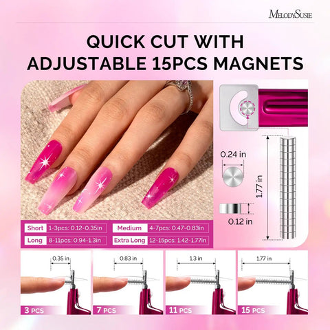 Acrylic Nail Clippers With 15 Magnetic Sizers For Long Gel Nails, showing adjustable stainless trimmer and sizing guide.