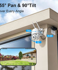 4MP HD Plug In Outdoor Security Camera With Dual Band WiFi mounted on house corner showing pan tilt features