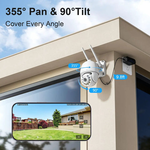 4MP HD Plug In Outdoor Security Camera With Dual Band WiFi mounted on house corner showing pan tilt features