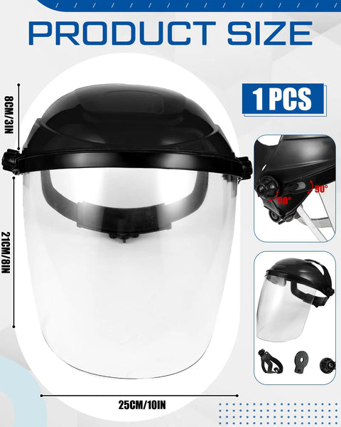 Built Tough Four Pack Safety Face Shield Kit With Rock Solid Impact Resistant Polycarbonate Visor And No Fuss Ratchet Headgear For Daily Grinding Tasks, front view with size measurements.