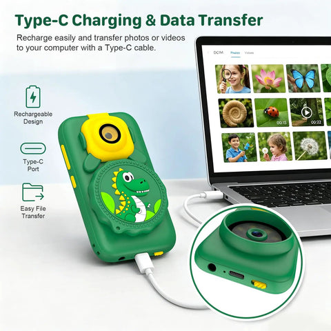 2 In 1 Kids Camera And Microscope Toy With 2.8 Inch Touchscreen, USB-C charging and file transfer shown connected to laptop