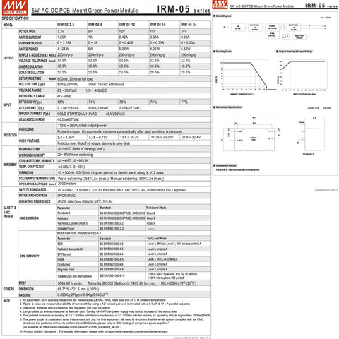 Ultra Compact 5W Single Output Pcb Mount Ac Dc Power Supply 15V With 85 To 305Vac Input specifications table.