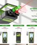 All In One 3 In 1 Laser Distance Meter With 400 Foot Range, 33 Foot Green Cross Line Level, 6.5 Foot Digital Tape Measure, Rechargeable Battery, Voice Readout, Multi Mode, Rugged Tool For Construction And Home Projects Great For Pros And DIYers. Front view with laser module and measurement modes