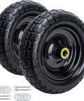 Two 10-inch solid rubber tires on black steel wheels; 4.10/3.50-4 size, 2-pack with bearings and hardware.