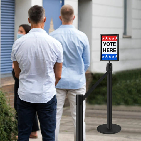 Crowd standing by retractable belt stanchion 3 pack for crowd control barriers with ropes and poles black six point six feet tall durable stainless steel posts with sign frame holder