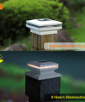 Six Pack Solar Post Lights For Outdoor Fence Deck Patio No Fuss Easy Install Warm White SMD LED Bright Decorative Lighting Fits 4x4 5x5 Or 6x6 Wood Posts White, daytime charging and nighttime illumination shown