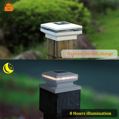 Six Pack Solar Post Lights For Outdoor Fence Deck Patio No Fuss Easy Install Warm White SMD LED Bright Decorative Lighting Fits 4x4 5x5 Or 6x6 Wood Posts White, daytime charging and nighttime illumination shown