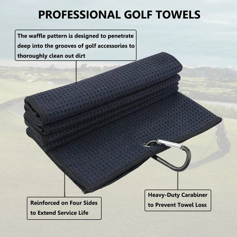 Three Pack Large Golf Towels With Carabiner Clip tri-fold microfiber waffle pattern quick dry on golf bag