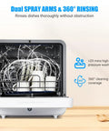 Slick Portable Countertop Dishwasher With Five Liter Tank And Six Wash Cycles showing dual spray arms and 360° rinsing for thorough cleaning.