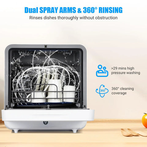 Slick Portable Countertop Dishwasher With Five Liter Tank And Six Wash Cycles showing dual spray arms and 360° rinsing for thorough cleaning.