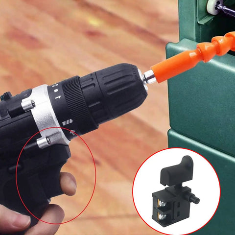 Close-up of a hand operating a drill with 2 Pack Hammer Trigger Power Tool Switches With Pushbutton 6A 110 Type for Drill Cutter.