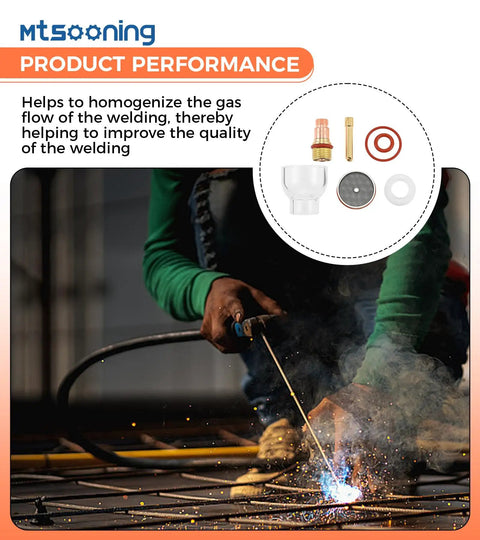 Pro TIG Gas Lens Glass Cup Kit for WP17 WP18 WP26 Torch, shown improving welding quality with detailed components view.