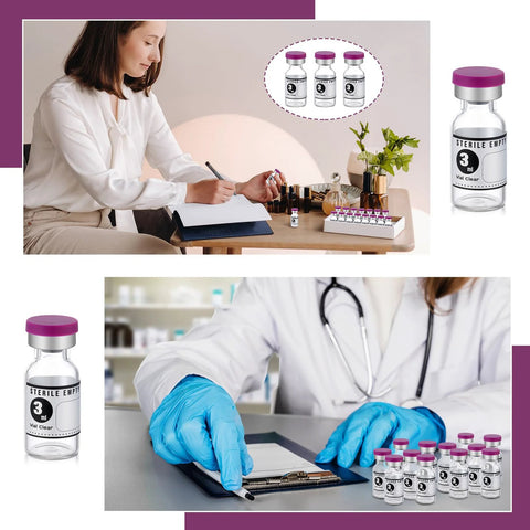 Collage showing 20 Pack 3Ml Sealed Sterile Empty Vials With Self Healing Injection Port Glass Penicillin Bottle And 20 Purple Label Stickers