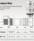 Heavy Duty 304 Stainless Steel One Quarter Inch Waterproof Cable Gland IP68 chart showing dimensions and components.