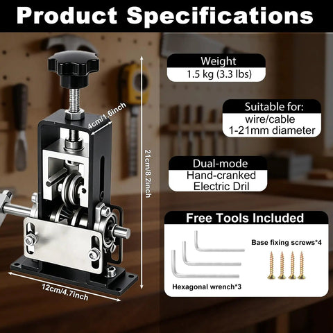 Badass Dual Drive Wire Stripping Machine Featuring Manual Hand Crank And Drill Power for copper recycling, specifications showing size and tool details.