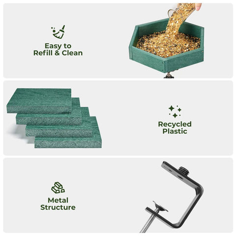 Adjustable Clamp On Deck Bird Feeder For Balcony Railings featuring easy refill tray, recycled plastic materials, and durable metal structure.