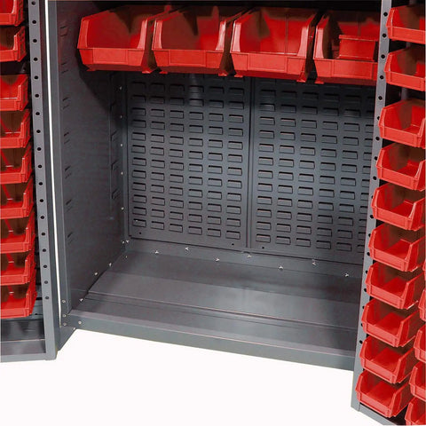 Rock Solid Deep Door Bin Cabinet With One Hundred Thirty Six Red Plastic Storage Bins For Heavy Duty Workshop Tool Organization And No Fuss Garage Setup Built American Tough With Secure Padlock Hasp Included, interior view with red bins.