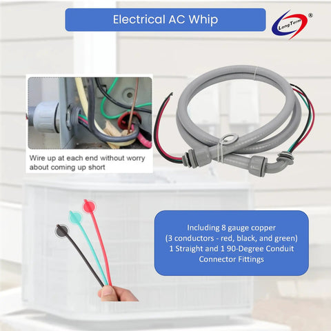 Pro Level Electric AC Whip Assembly With 3/4 Inch By 6 Foot Liquid Tight Flexible Conduit And 8 Gauge THHN Wire showing connectors and conductors.