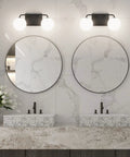 Bathroom with two light mid century vanity lights over mirror, matte black with milk white glass globes, industrial farmhouse style.