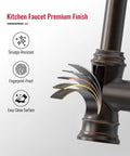 Close-up of oil rubbed bronze kitchen faucet with pull down sprayer showcasing smudge-resistant, fingerprint-proof finish.