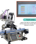 Automatic Flat Labeling Machine With High Speed Printer Desktop Conveyor Labeler Touchscreen Control 110V with adjustable speed settings.