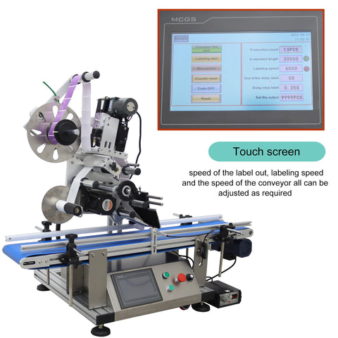 Automatic Flat Labeling Machine With High Speed Printer Desktop Conveyor Labeler Touchscreen Control 110V with adjustable speed settings.