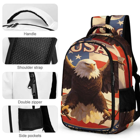 Vintage American Eagle Printed Unisex Backpack With Large Capacity featuring eagle graphic, smooth zipper, durable polyester, side pockets